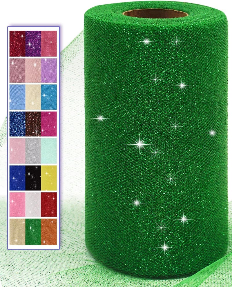 Ableme Deco Glitter Tulle Fabric Rolls, 6 Inch 50 Yards (150ft) Sparkling Spool Ribbon Sequin Netting for Tutu Skirt Gift Wrapping Wedding Party Decoration (Emerald Green) - Image 1